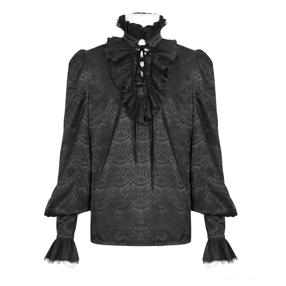 Black jacquard lace gothic shirt flat display front showing all-over lace pattern and ruffled neckline