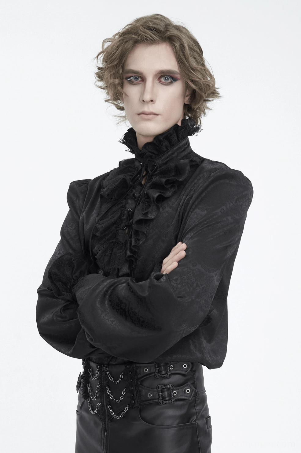 Black gothic lace shirt showing ruffled elements and theatrical design of Victorian-inspired neckline