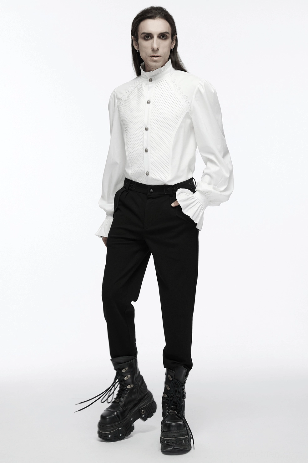 Gothic Victorian men's ruffled shirt complete garment display with stand collar and voluminous bubble sleeves