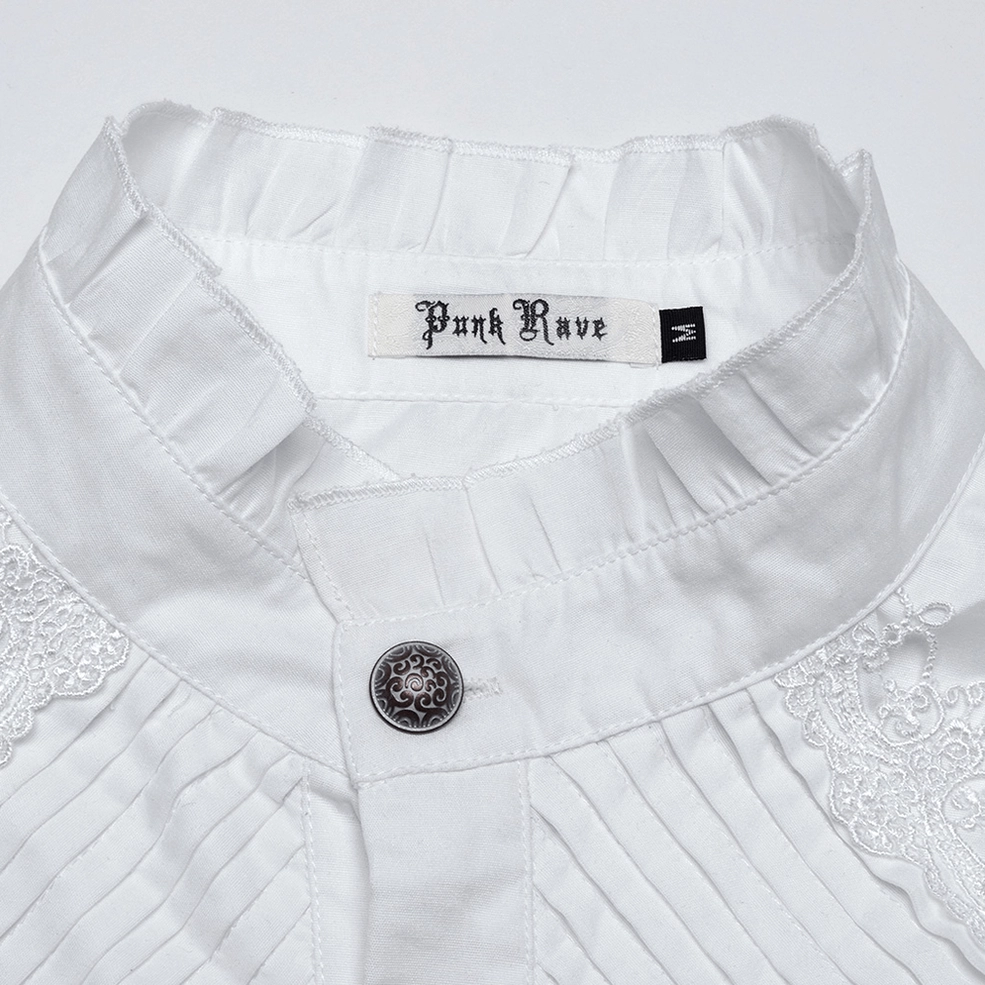 Neck and collar close-up showing ruffled stand collar with lace trim and vintage button detail