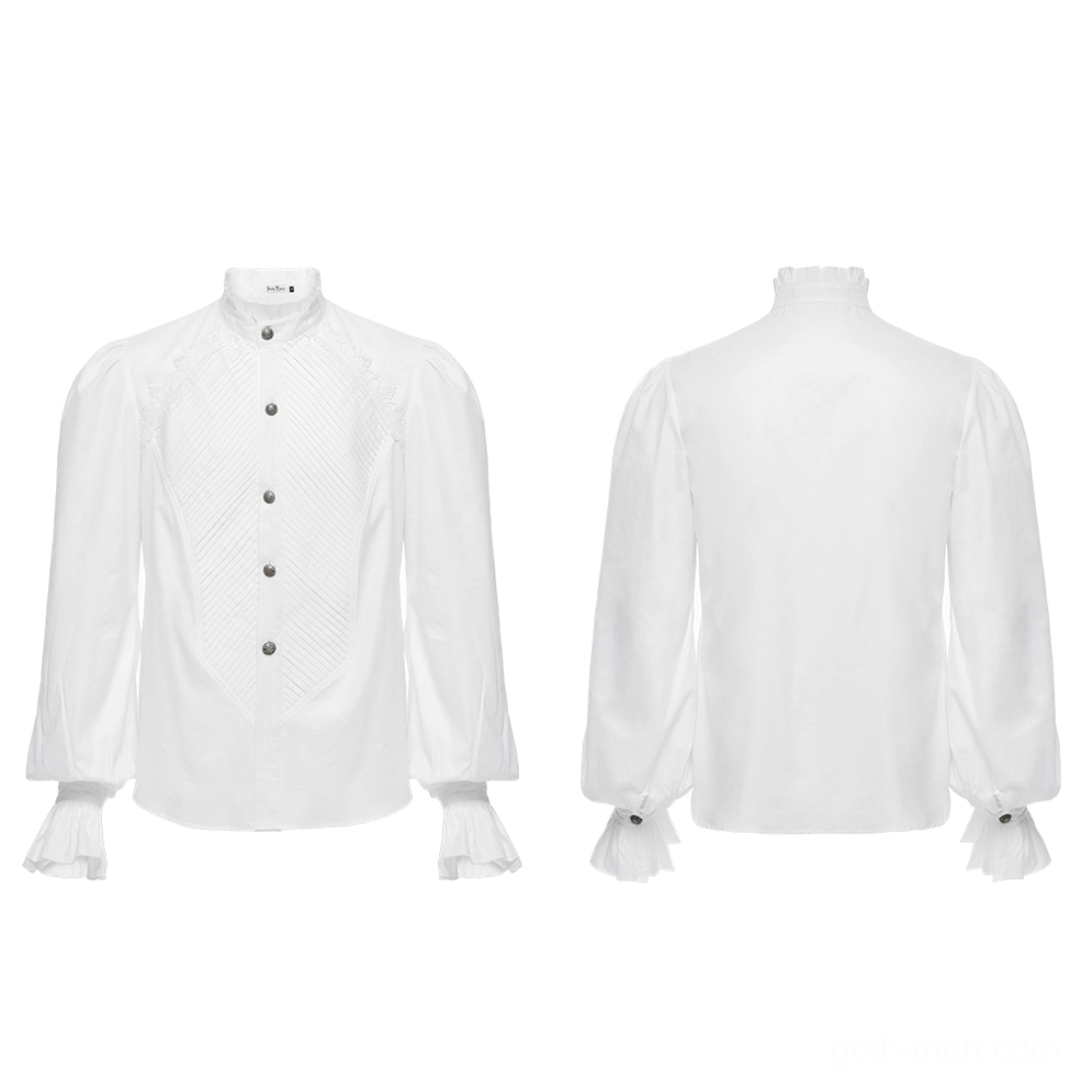 Front and back flat lay display of white gothic Victorian shirt with ruffled stand collar and button placket
