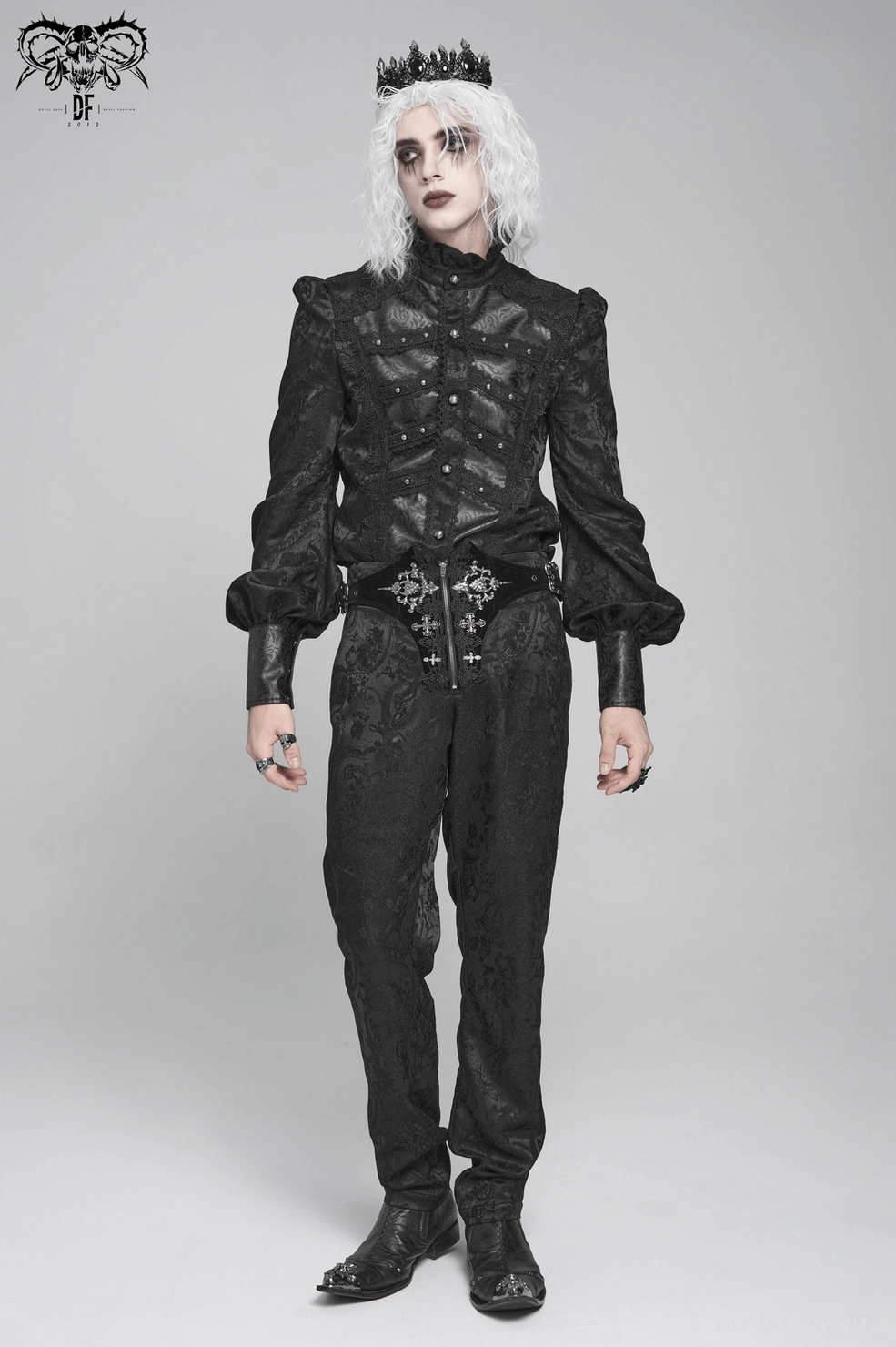 Gothic Victorian men's shirt three-quarter back angle showing ruffled collar and brocade fabric craftsmanship