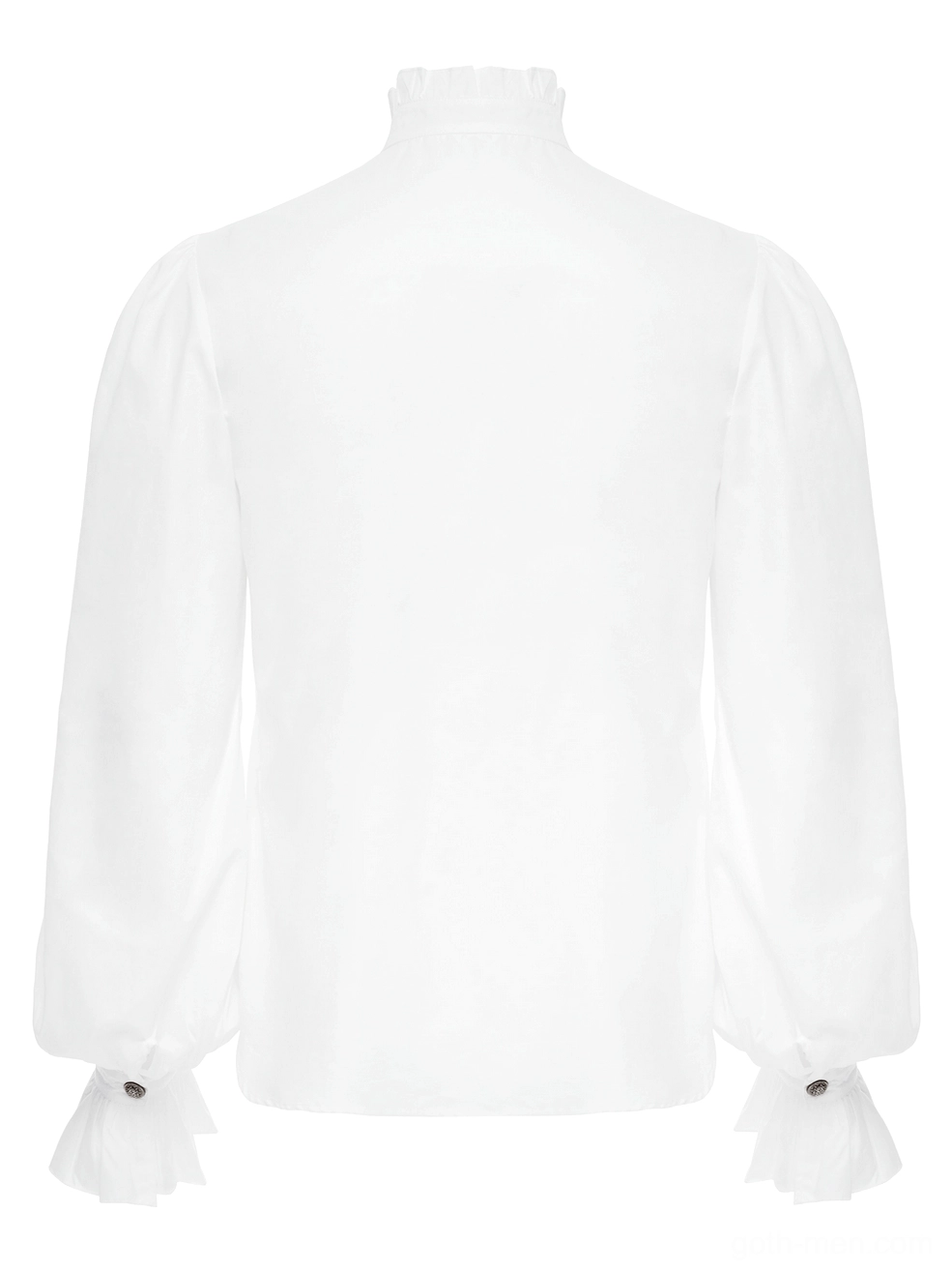 Back flat lay view of gothic Victorian ruffled shirt showing minimalist back and relaxed bubble sleeve silhouette