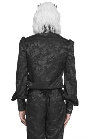 Gothic Victorian men's shirt back view showing paisley jacquard texture and ruffled collar design
