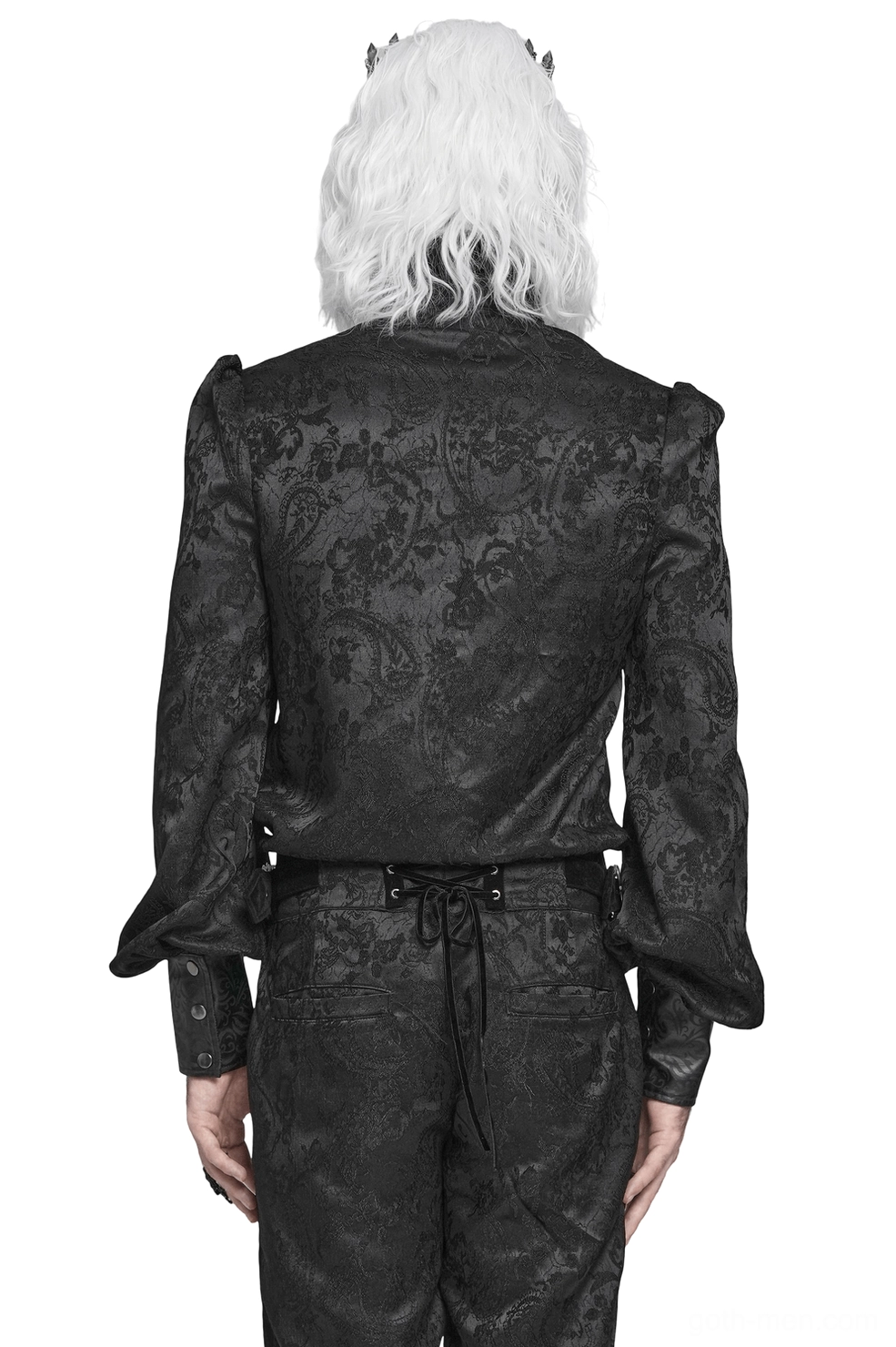 Gothic Victorian men's shirt back view showing paisley jacquard texture and ruffled collar design