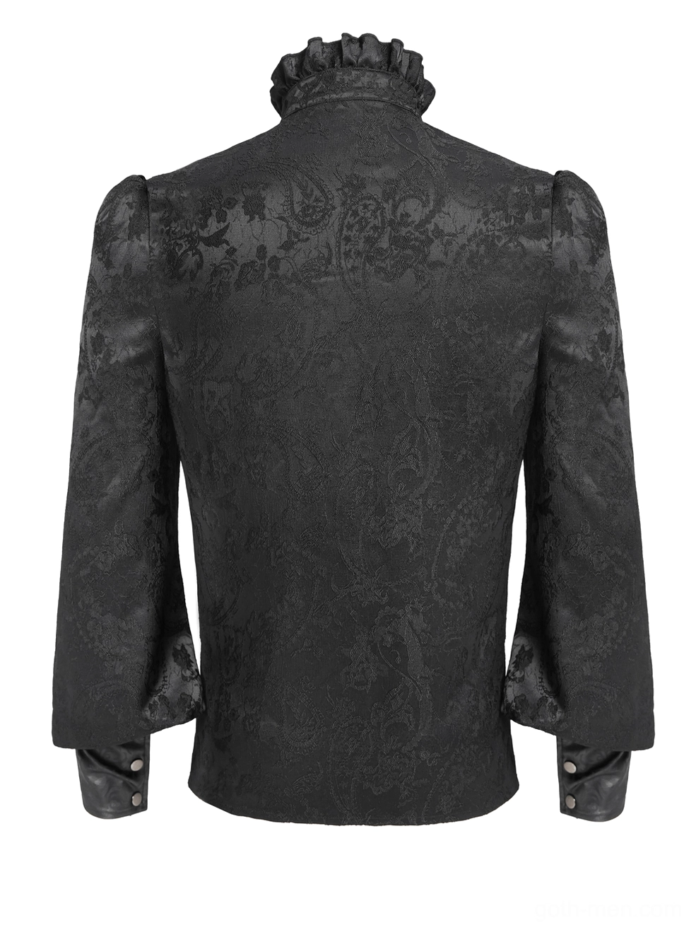 Gothic Victorian ruffled shirt back flat lay view showing paisley jacquard pattern buttoned cuffs and texture