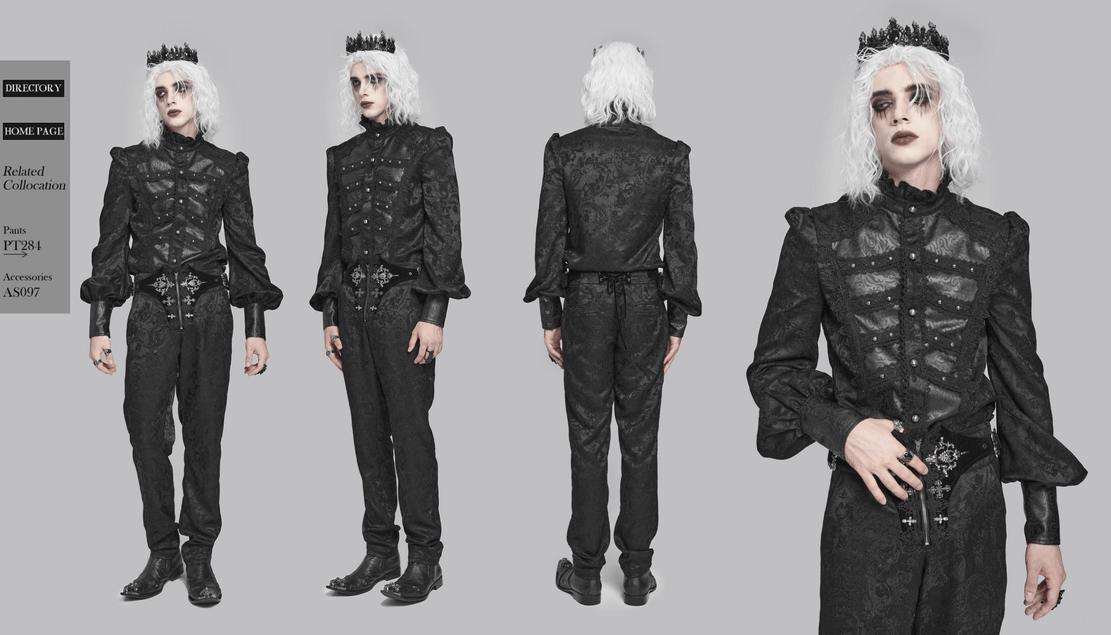 Gothic Victorian men's ruffled shirt complete product view with all design elements brocade leather and ruffles