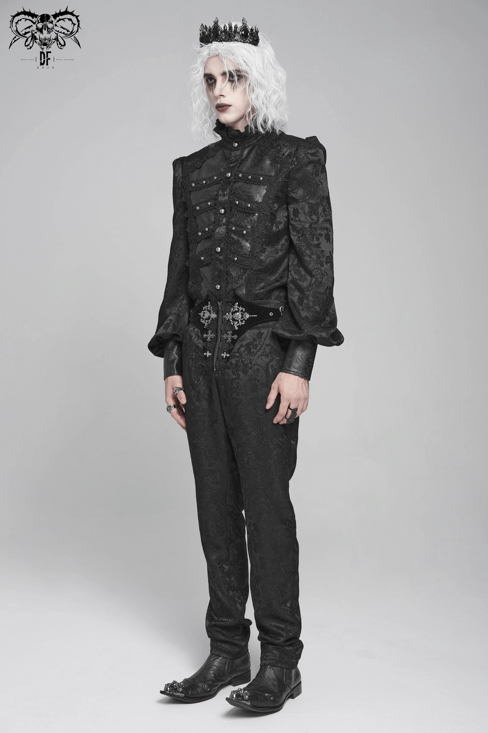 Gothic Victorian ruffled shirt overall presentation showing dramatic theatrical silhouette and dark elegance