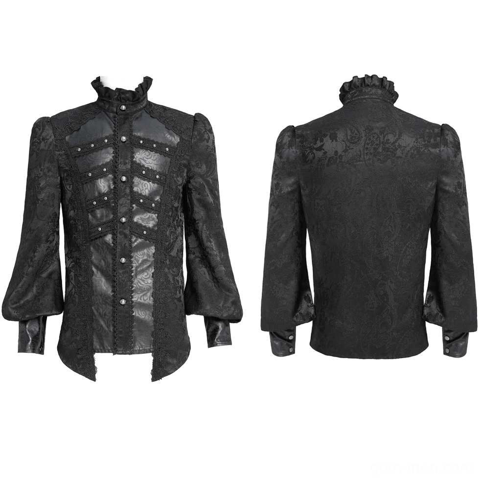 Gothic Victorian ruffled shirt flat lay display showing leather panels puffed sleeves and lace trim details