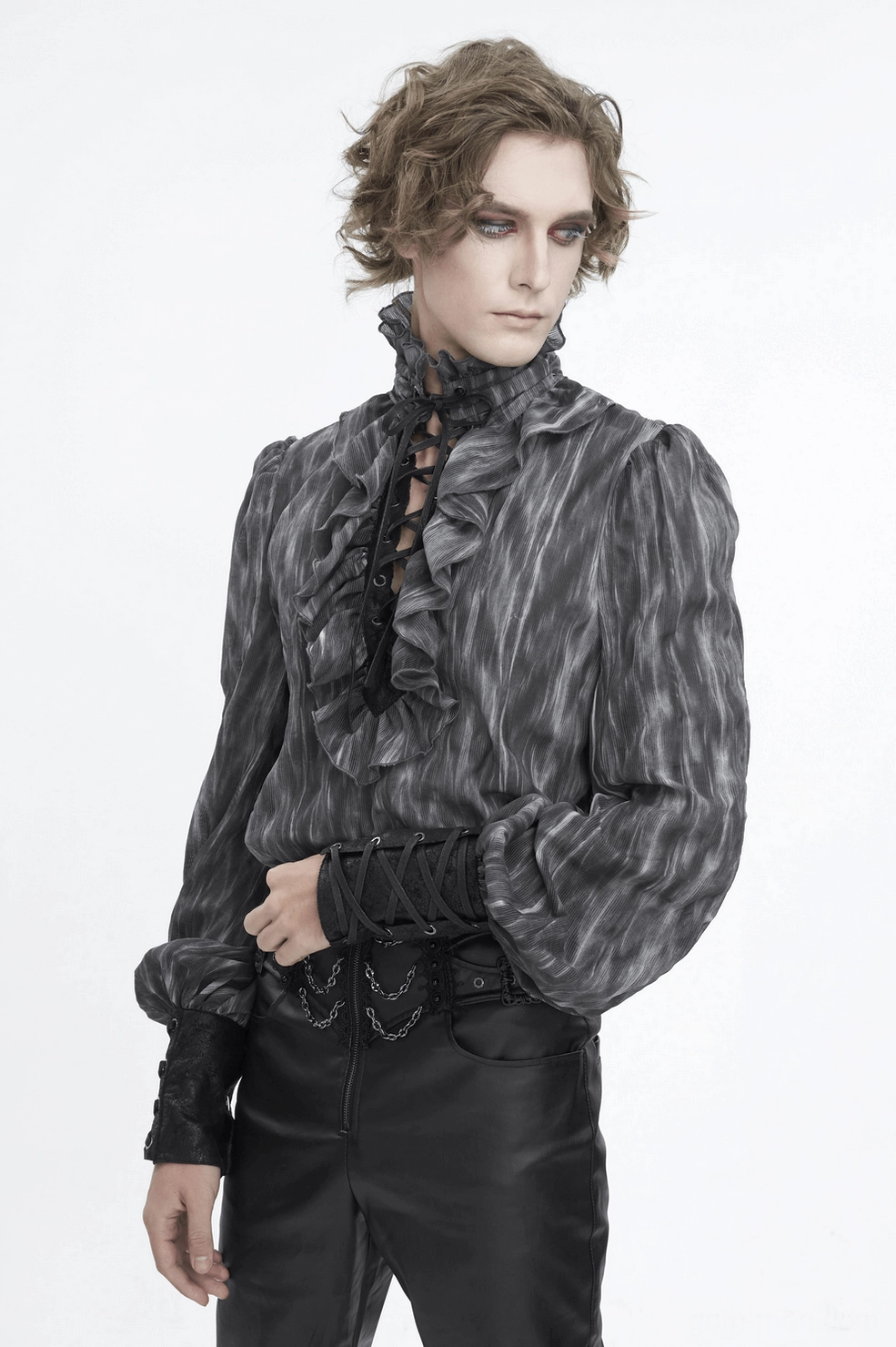 Frontal mannequin display of charcoal grey Victorian gothic shirt showcasing architectural design and ruffled aesthetic