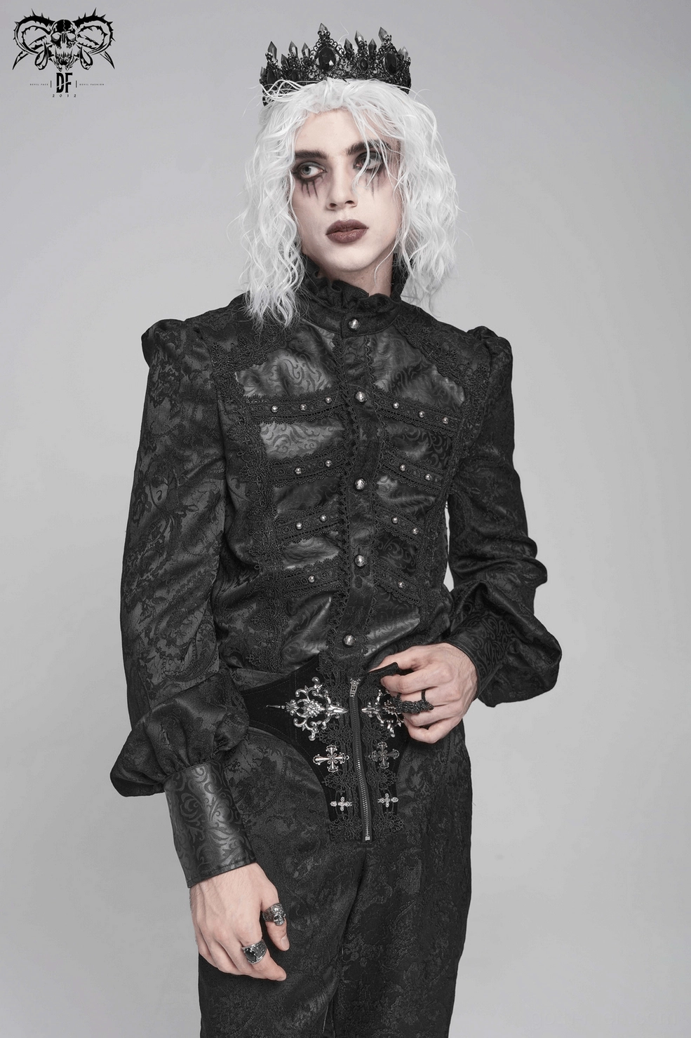 Gothic Victorian men's ruffled shirt front panel detail with decorative buttons leather trim and fabric texture
