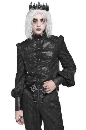 Gothic Victorian ruffled shirt front view with black brocade fabric and leather trim worn by model with crown