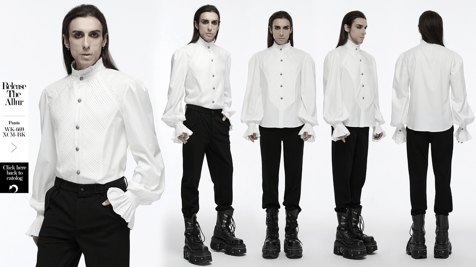 Gothic Victorian shirt cuff and button detail showing intricate ruffled construction and vintage metal embellishment