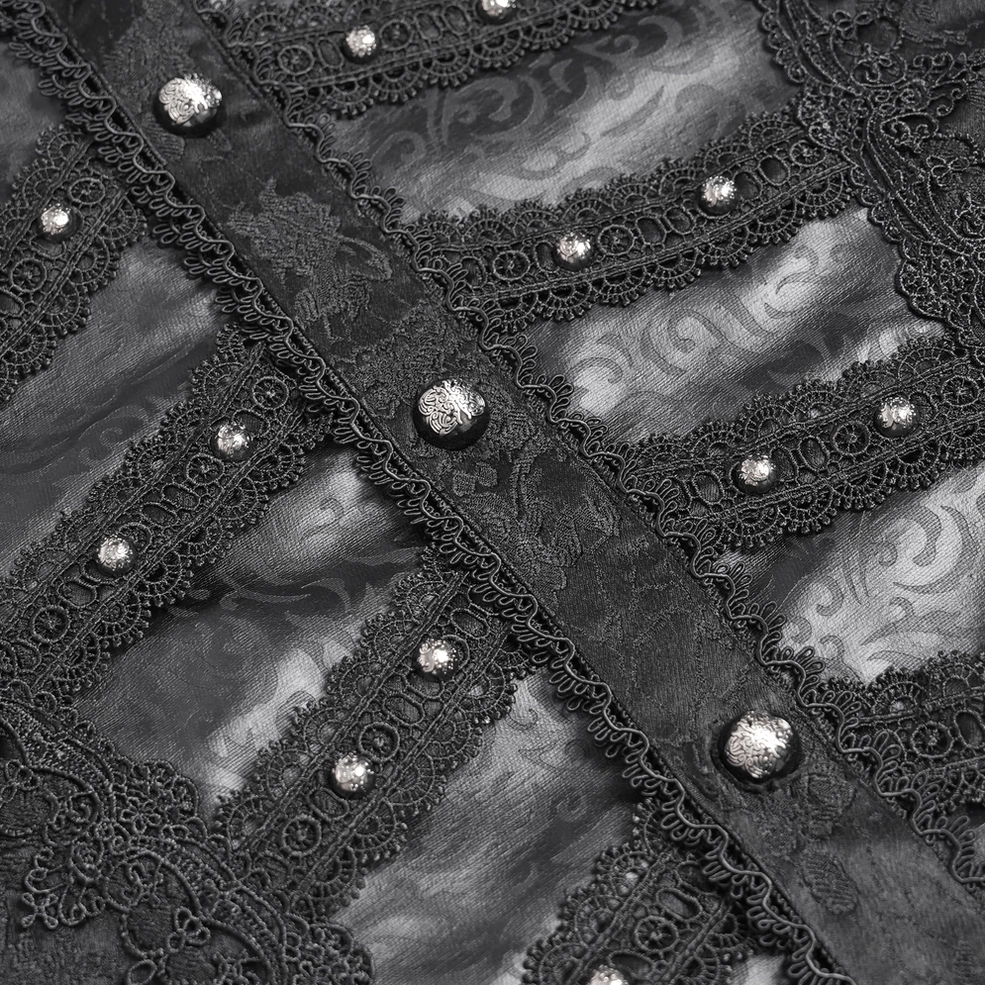 Close-up view of Gothic Victorian shirt front leather trim panel with lace overlay and metallic stud details
