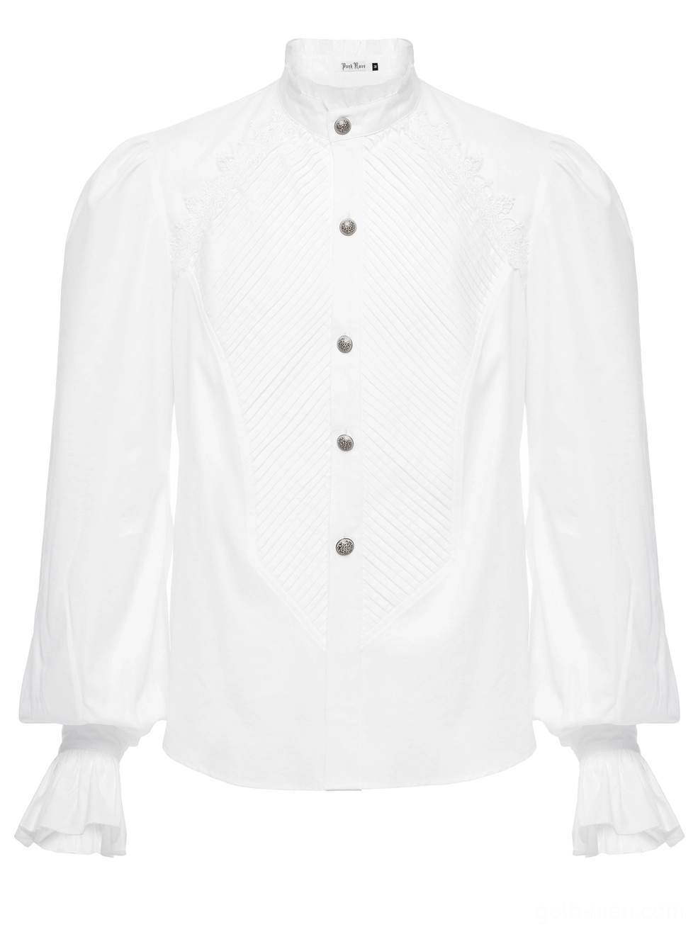 Close-up front flat lay of gothic Victorian shirt bodice with pintuck pleats and button placket