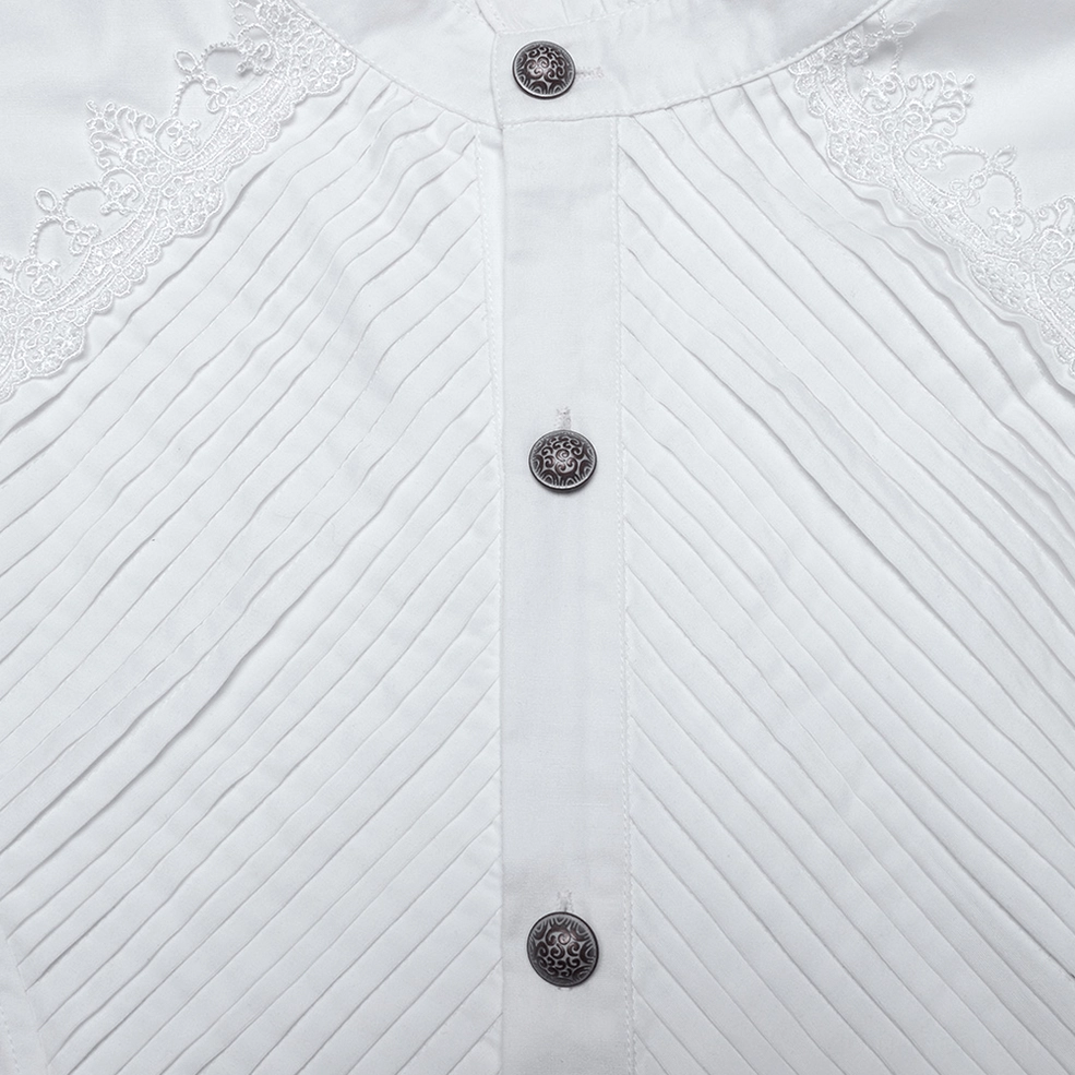 Bodice and shoulder close-up of gothic Victorian shirt featuring pintuck pleated fabric and vintage metal buttons