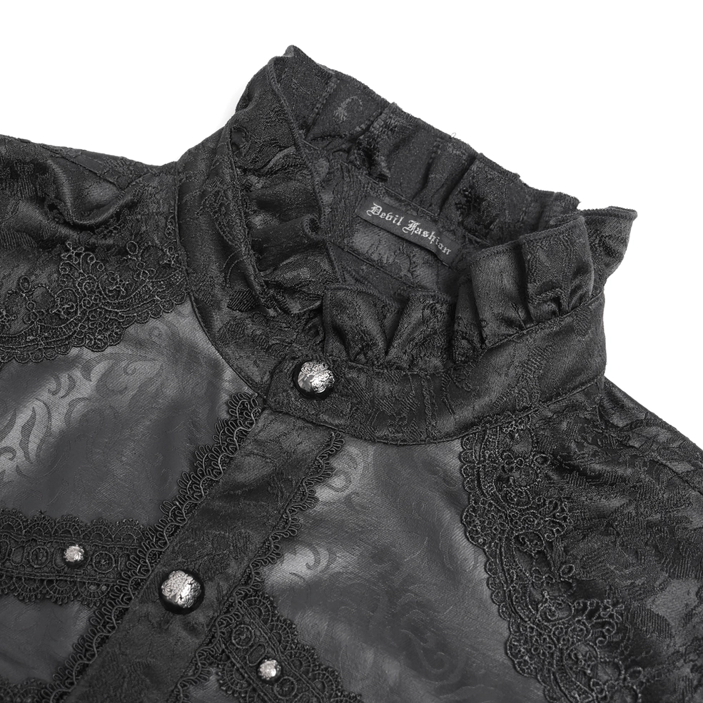 Close-up detail of Gothic Victorian shirt ruffled collar with lace trim metal buttons and craftsmanship