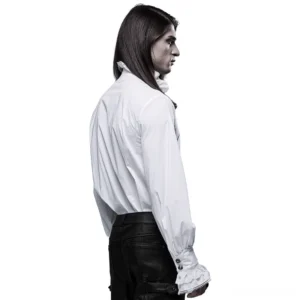 White ruffled collar gothic formal shirt side profile on male model - lace trimmed buttoned cuffs