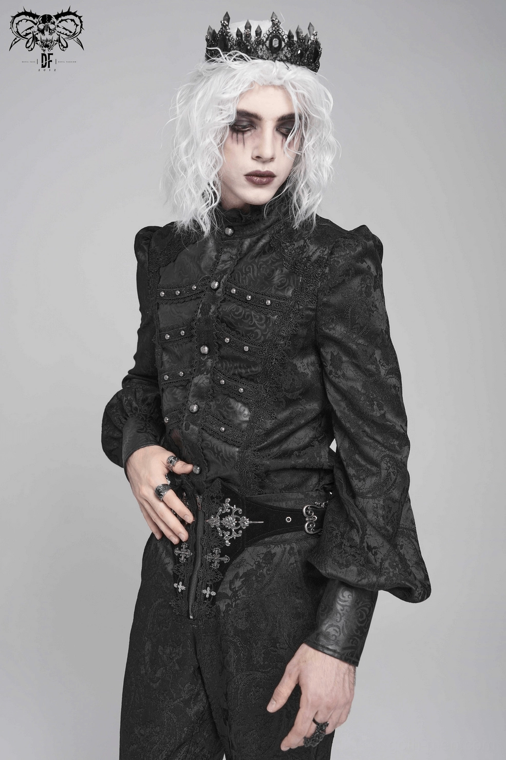 Gothic Victorian brocade shirt showing side profile silhouette with puffed sleeves and leather accents detail