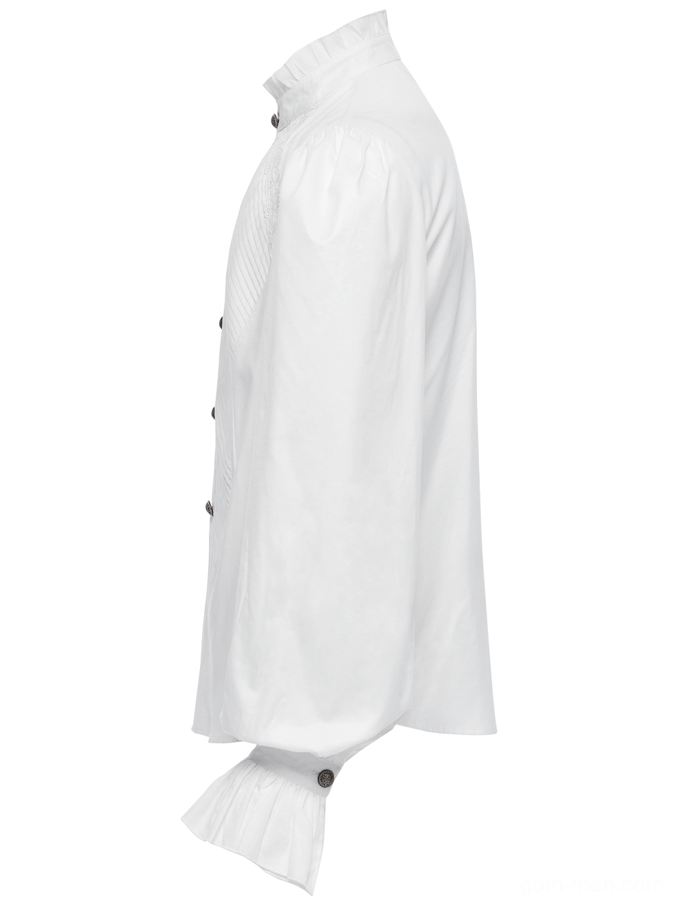Side profile view of men's gothic Victorian shirt showing stand collar and decorated ruffled cuff detail