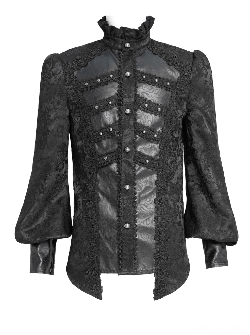 Gothic Victorian men's ruffled shirt front view showing stand collar and leather paneled front with studs
