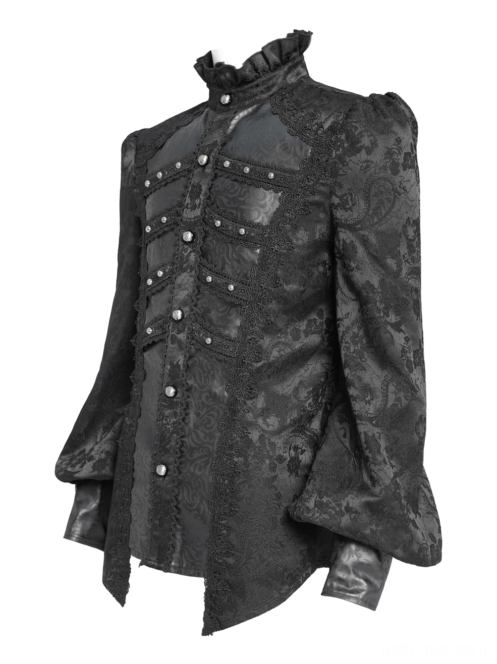 Gothic Victorian ruffled shirt three-quarter front view with asymmetrical hem lace trim and jacquard weave