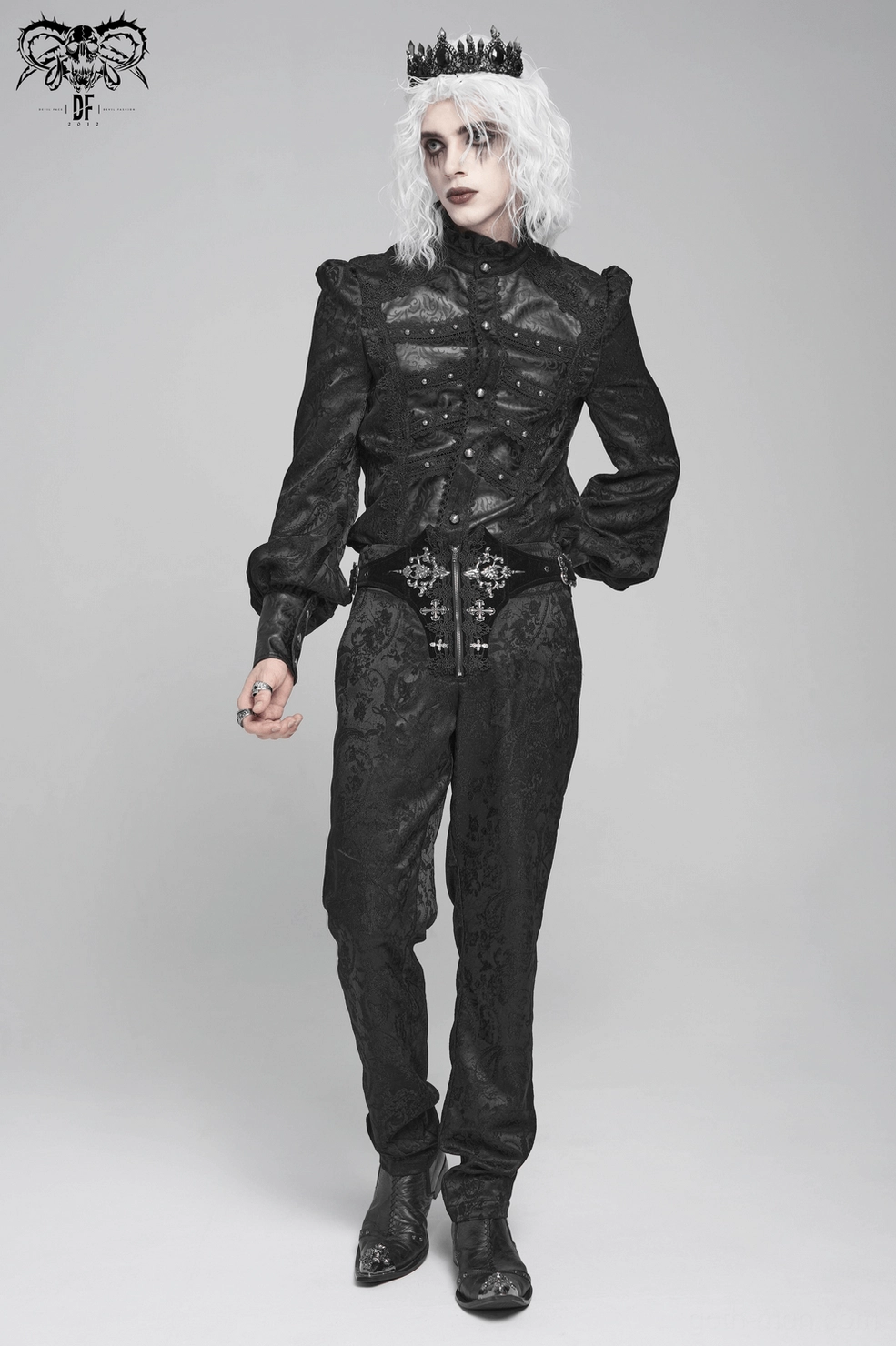 Gothic Victorian brocade shirt showing front waist area with slim fit silhouette and tailored construction detail
