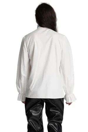 Gothic Victorian white dress shirt with ruffled cuffs and minimalist back panel - rear model view