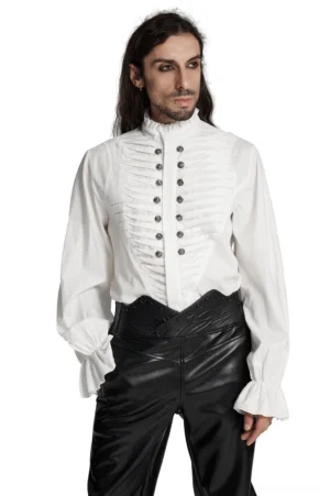 Men's gothic Victorian white pleated dress shirt with ruffled stand collar and double metal beast head buttons - front view on model