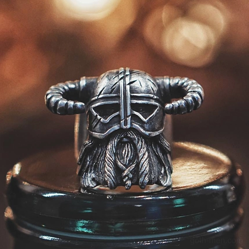Gothic viking helmet ring front view - detailed carved beard and helmet with distinctive architecture