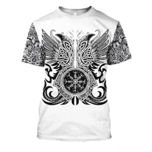 Norse Raven Celtic Helm of Awe Gothic Viking graphic t-shirt with 3D printed sleeve tattoo design, front view on white background