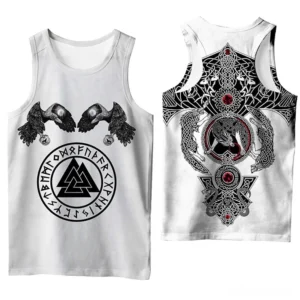 Gothic Viking sleeveless tank top front view featuring dual raven and Valknut rune print with Celtic knotwork details in white