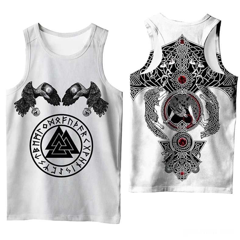 Gothic Viking sleeveless tank top front view featuring dual raven and Valknut rune print with Celtic knotwork details in white