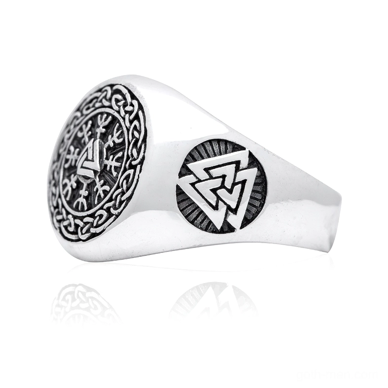 Norse Valknut Viking ring right angle - stainless steel Celtic engraved face with antiqued silver finish and copper-toned side emblem
