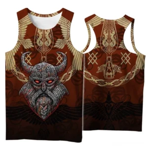 Nordic gothic tank top front and back view - Viking warrior print with Norse totem symbols and ancient mythology designs