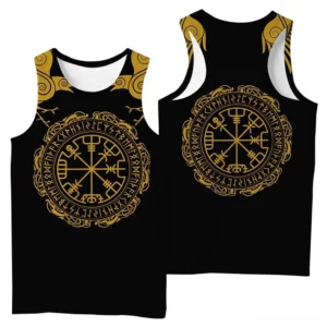 Black gothic Viking tank top three-quarter front view displaying gold Nordic symbols and raven shoulder details on polyester broadcloth