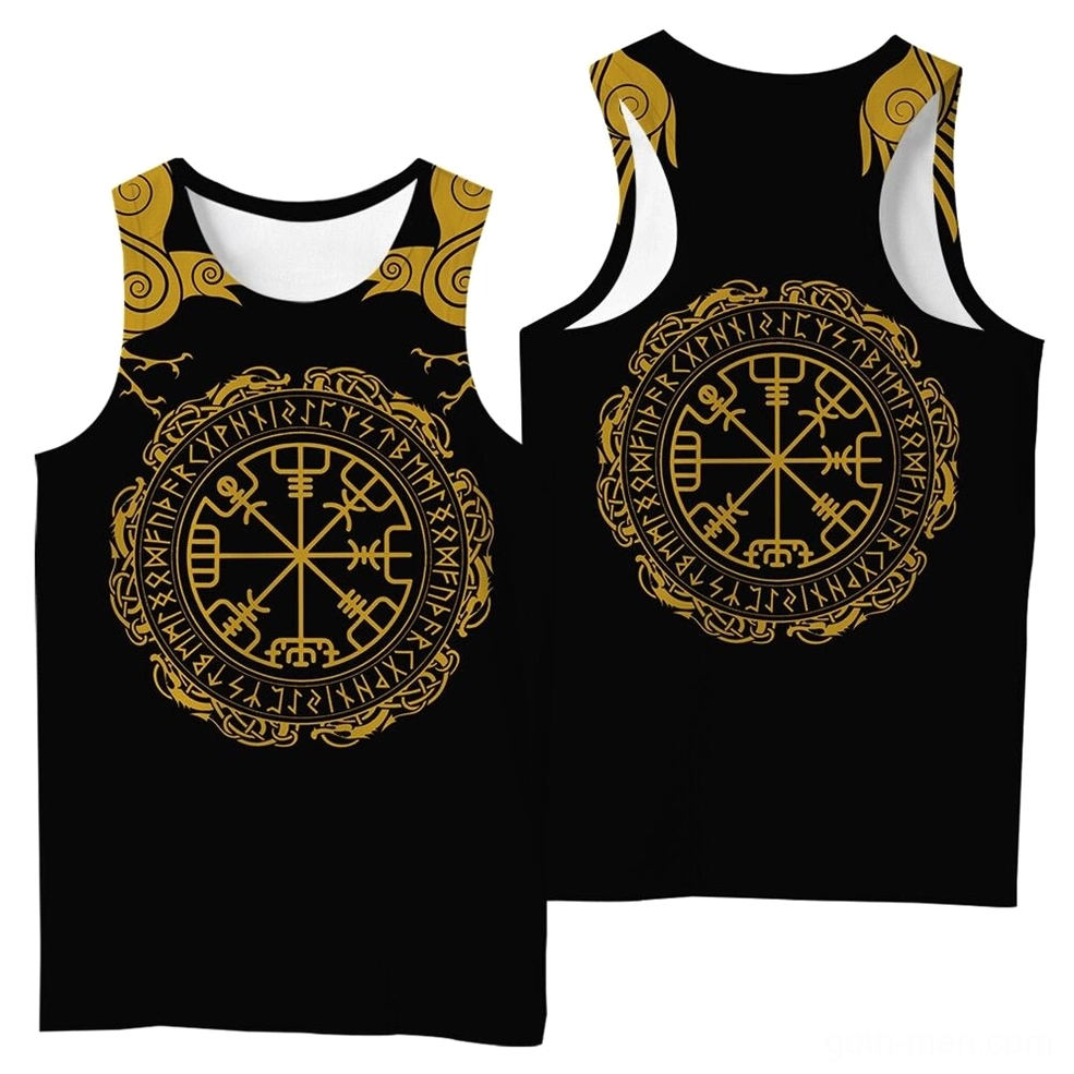 Black gothic Viking tank top three-quarter front view displaying gold Nordic symbols and raven shoulder details on polyester broadcloth