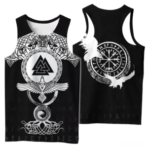 Black gothic Viking sleeveless tank top with 3D printed Valknut, raven, and rune symbols - front view