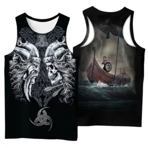 Gothic tank top back view featuring 3D printed Viking longship stormy sea design, men's black sleeveless Norse-inspired alternative clothing