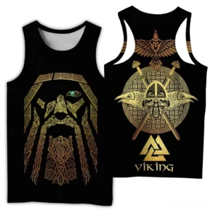 Black gothic Viking sleeveless tank top with gold Odin face print and Celtic knot patterns, front and back view on white background