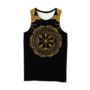 Black gothic Viking sleeveless tank top with gold Norse rune and Vegvisir front print, flat lay view showing detailed 3D printed design