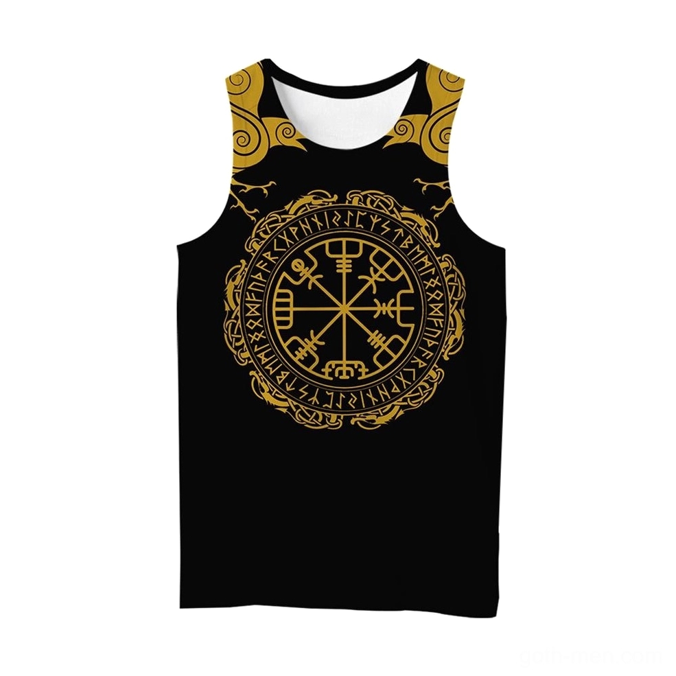 Black gothic Viking sleeveless tank top with gold Norse rune and Vegvisir front print, flat lay view showing detailed 3D printed design