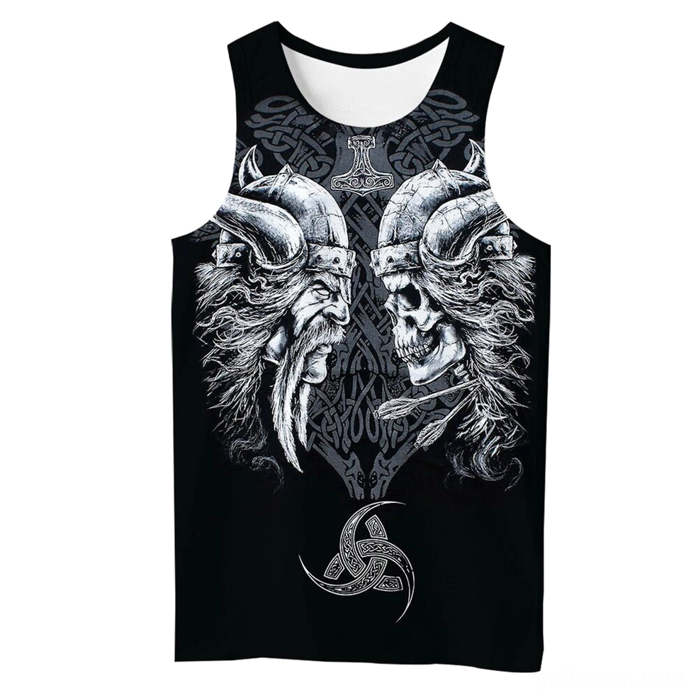 Dark Norse 3D printed gothic tank top with dual Viking warrior skull and Celtic knot pattern design, black polyester sleeveless shirt front view