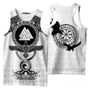 White gothic Viking sleeveless tank top with 3D printed Vegvisir compass and ancient rune designs - back view