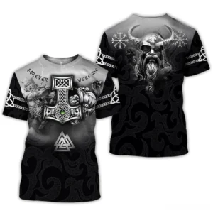 Black viking t-shirt back view featuring Odin runes and Norse mythology symbols in 3D print design