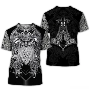 Black gothic Viking t-shirt back view featuring silver Mjolnir hammer Norse mythology print