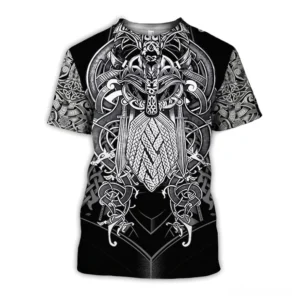 Gothic black Viking t-shirt front view with silver Norse warrior knot print design on chest