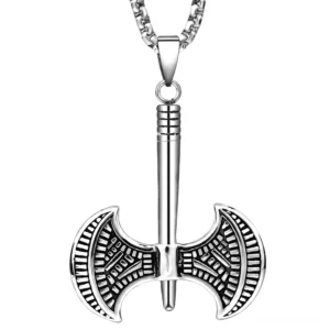 Gothic Viking double-headed tomahawk pendant necklace stainless steel front view on white background