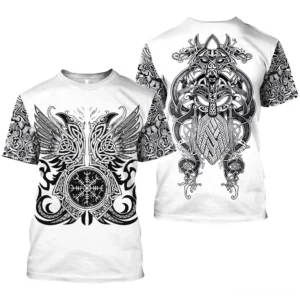 Gothic Viking t-shirt featuring intricate Norse warrior back print with Celtic sleeve patterns, rear view flat lay