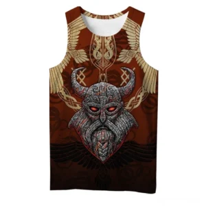 Gothic Viking warrior sleeveless tank top front flat lay - black 3D printed horned warrior face on white background